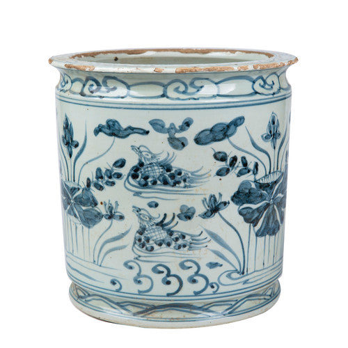 Blue and White Orchid Pot Mandarin Duck Motif