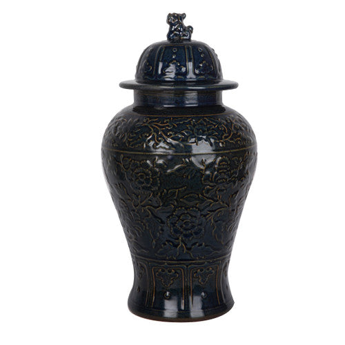 Carved Flower Temple Jar Speckled Indigo