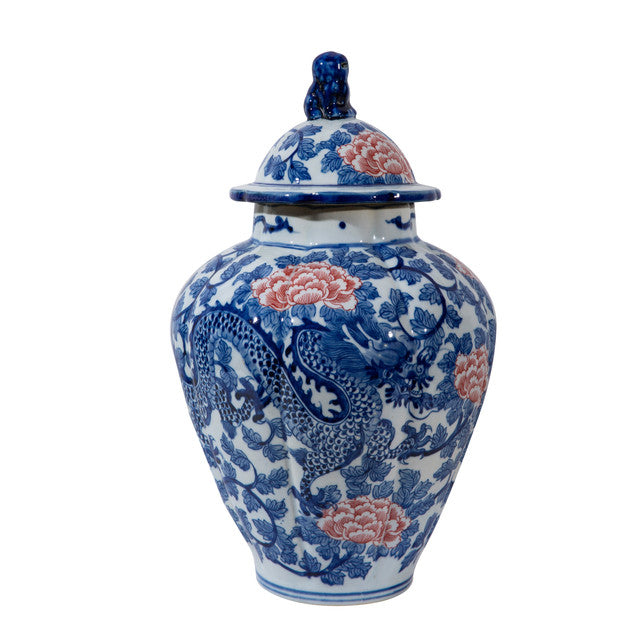 Blue and White with Red Peony Porcelain Dragon Fluted Jar 16"