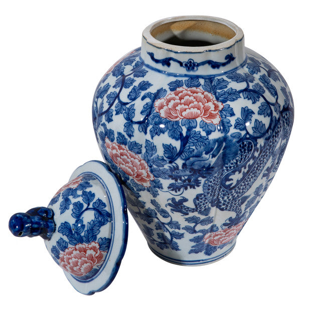 Blue and White with Red Peony Porcelain Dragon Fluted Jar 16"