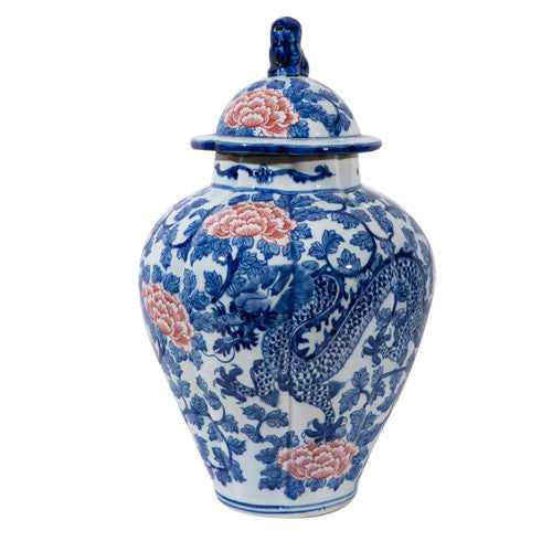 Blue and White with Red Peony Porcelain Dragon Fluted Jar 16"