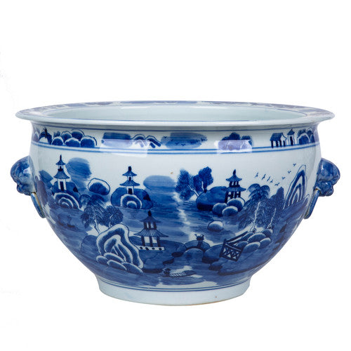 Blue and White Porcelain Mountain Pagoda Lion Handle Planter 16" Diameter