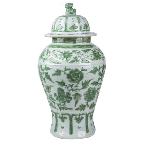 Celadon Green Carved Floral Porcelain Temple Jar Lion Lid 22"