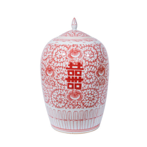 Red Double Happiness Floral Ginger Jar