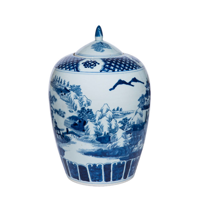 Blue and White Porcelain Mountaintop Temple Ginger Jar