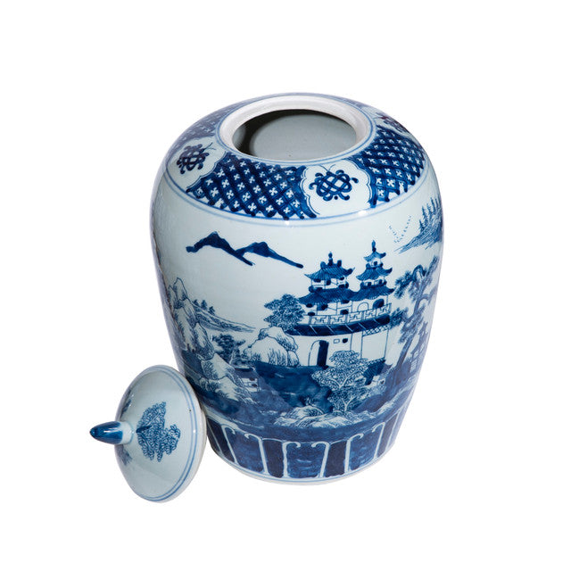 Blue and White Porcelain Mountaintop Temple Ginger Jar