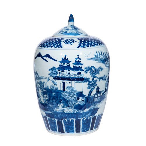 Blue and White Porcelain Mountaintop Temple Ginger Jar