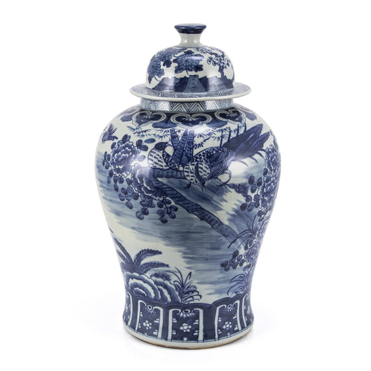 Blue and White Blossom Garden Bird Motif Temple Jar 19"