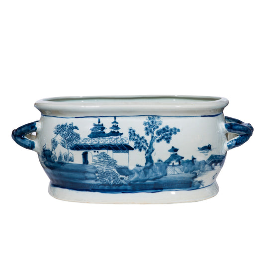 Blue and White Porcelain Landscape Motif Porcelain Foot Bath Basin