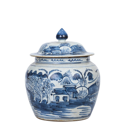 Blue and White Landscape Motif Lidded Jar 9"