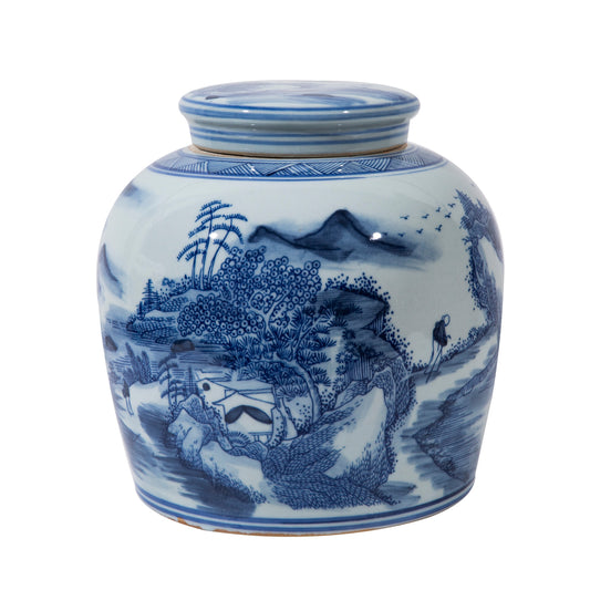 Blue and White Porcelain Ginger Jar Mountain Village 9"