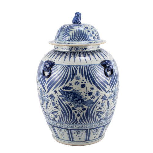 Blue And White Porcelain Village Fish Lidded Jar Foo Dog Handles