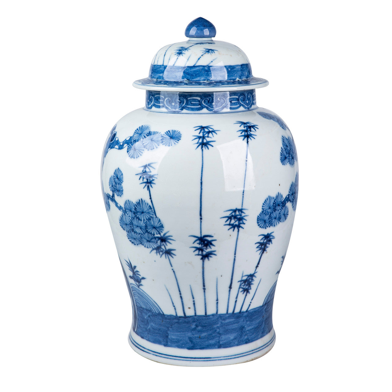 Blue And White Porcelain Ming Pine Tree Temple Jar