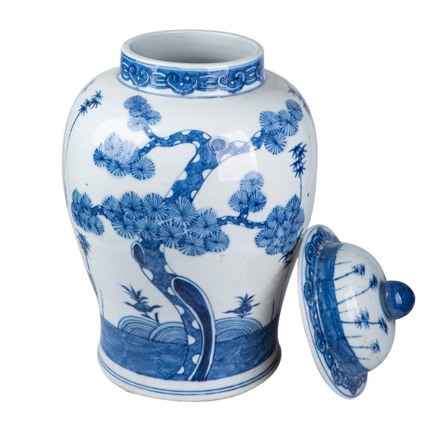 Blue And White Porcelain Ming Pine Tree Temple Jar