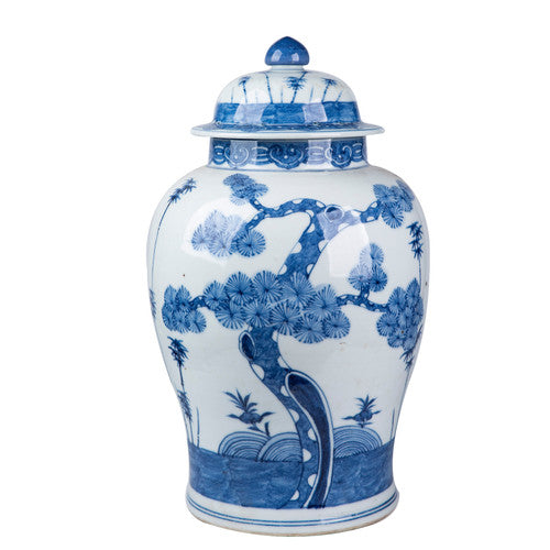 Blue And White Porcelain Ming Pine Tree Temple Jar