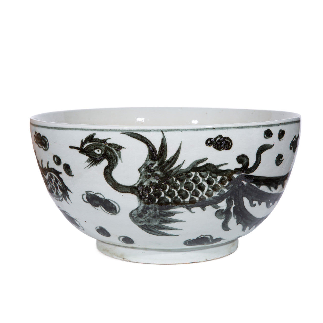 Charcoal Black Dragon Phoenix Porcelain Bowl 14.5"