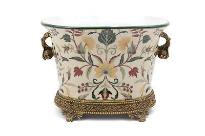 French Chinoiserie Porcelain Oval Pot with Brass Ormolu Accents Floral