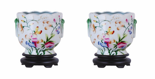 Pair Round Scallop Rim Floral Porcelain Pot Wooden Base 7"