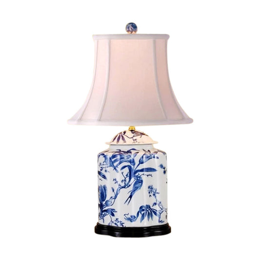 Chinese Blue and White Porcelain Tea Caddy Bird Motif Table Lamp 27"