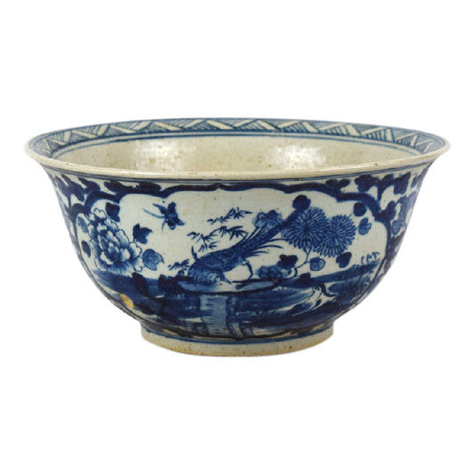 Blue and White Porcelain Bird Motif Bowl 12.5" Diameter