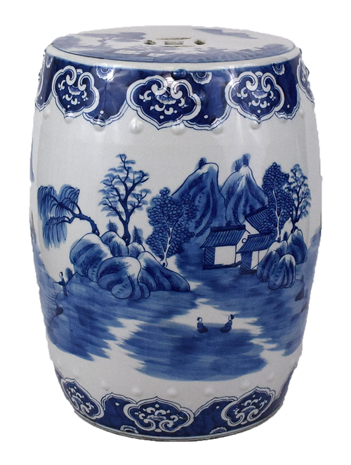 Blue and White Village Scene Porcelain Garden Stool 18"