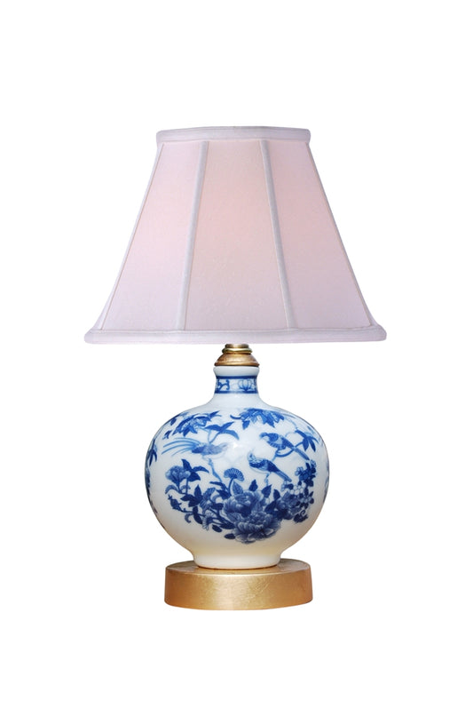 Blue and White Floral Bird Mini Lamp 14"