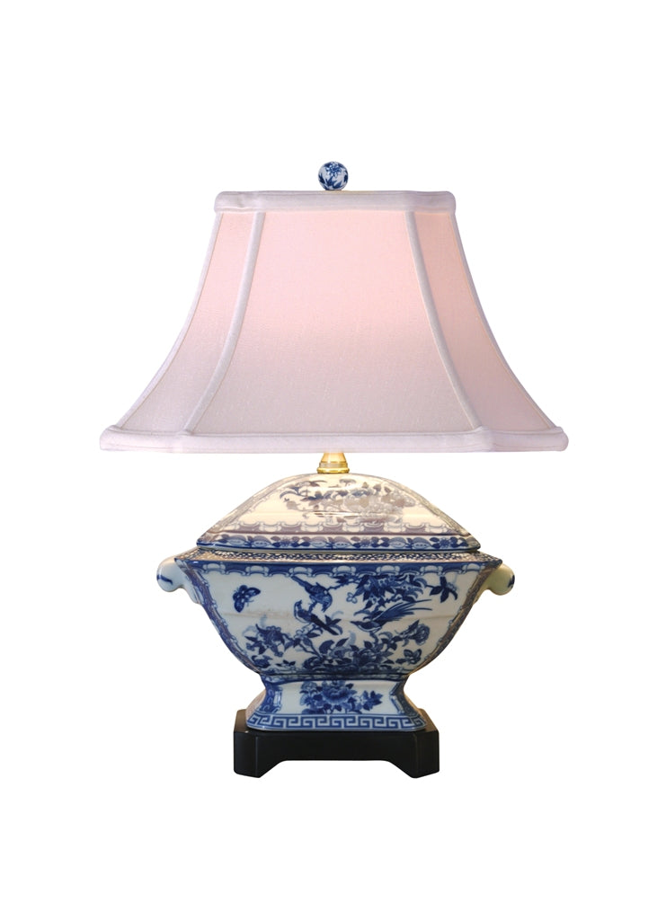 Blue and White Tureen Floral Bird Porcelain Table Lamp 19"