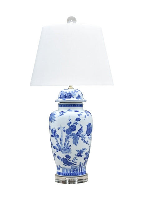 Blue and White Bird Motif Porcelain Temple Jar Table Lamp 30"