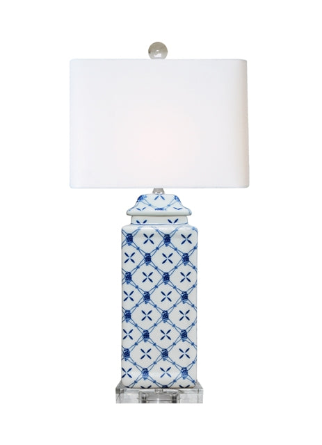 Blue and White Geometric Porcelain Square Jar Table Lamp 23"