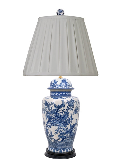 Blue and White Floral Bird Motif Porcelain Table Lamp 30"