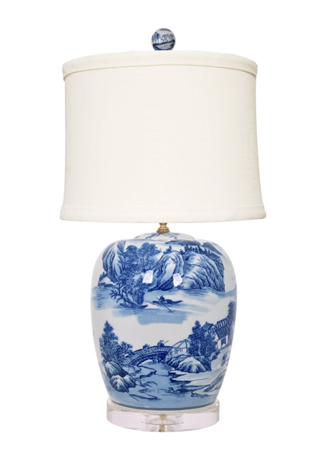 Blue and White Landscape Porcelain Jar Table Lamp 27"