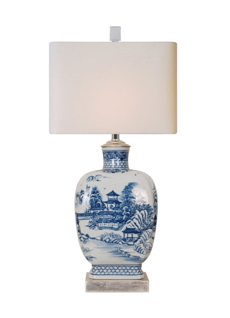 Blue and White Oval Urn Blue Willow Lamp 23"