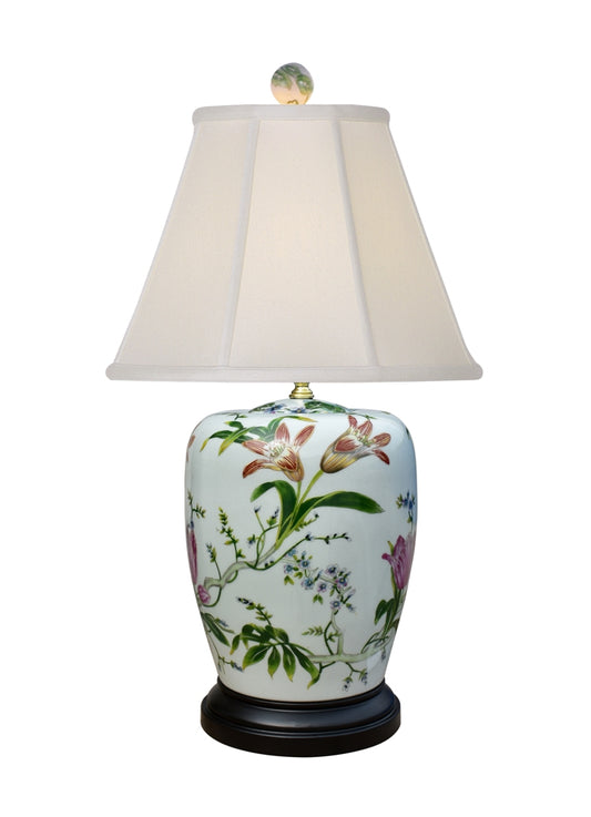 Floral Bird Porcelain Ginger Jar Table Lamp 25.5