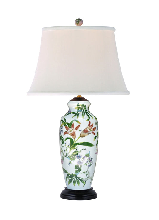 Floral Bird Motif Porcelain Vase Table Lamp 27"