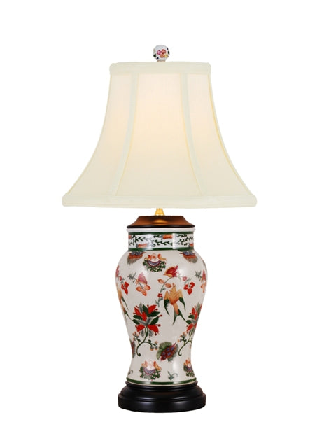 Floral Bird Motif Porcelain Vase Lamp 26"