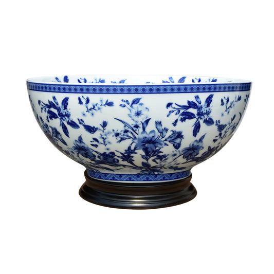 Blue and White Floral Motif Porcelain Decorative Bowl 14" Diameter