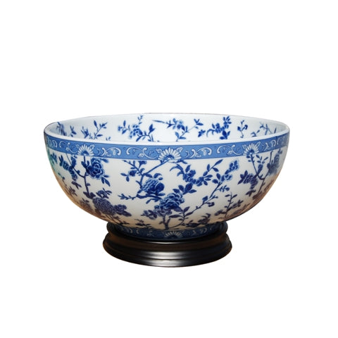 Blue and White Floral Style Porcelain Center Bowl 14" Diameter with Stand