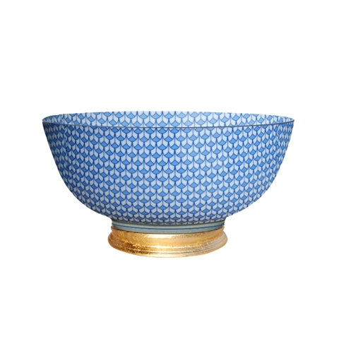 Blue and White Patterned Porcelain Bowl Gold Leaf Base 14" Diameter