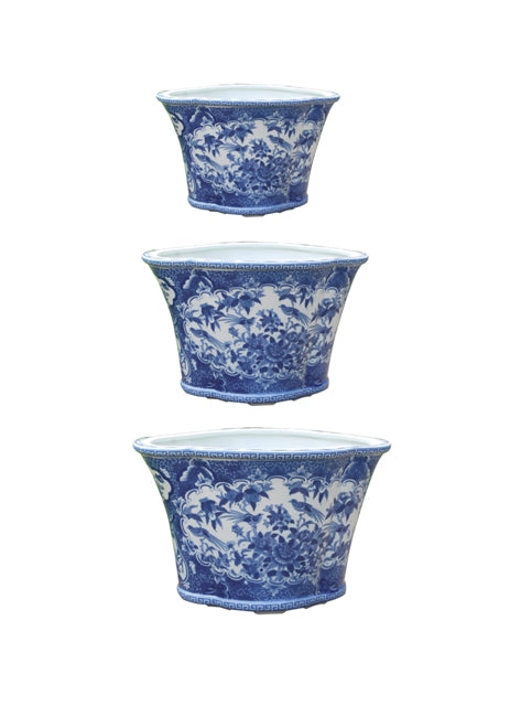 Set of Three Blue and White Porcelain Bird and Floral Motif Cachepot