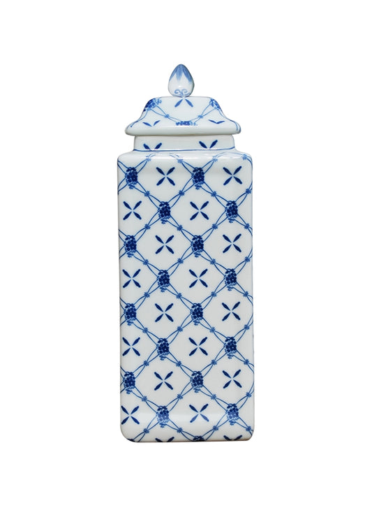 Blue and White Geometric Jar 11"