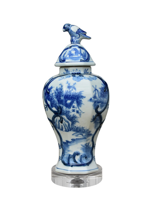 Blue and White Porcelain Landscape Jar with Crystal Base