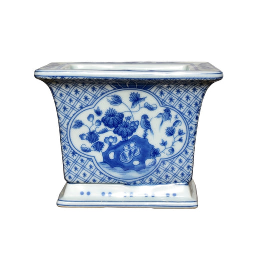 Blue and White Floral Bird Motif Square Porcelain Flower Cachepot 6"