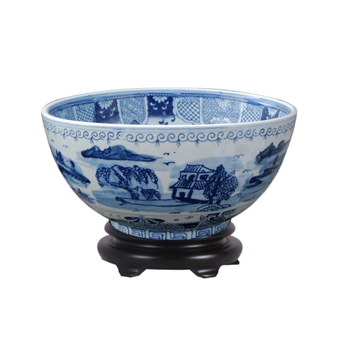 Blue and White Porcelain Blue Willow Bowl 14" Diameter with Base