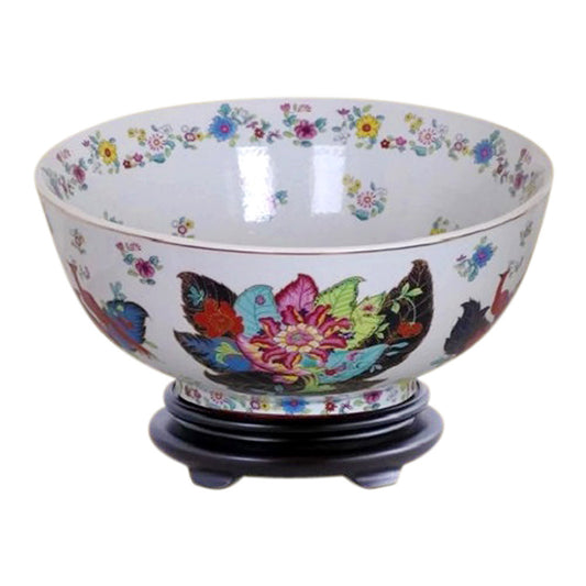 Chinese Tobacco Leaf Porcelain Bowl w Base 12" Diameter