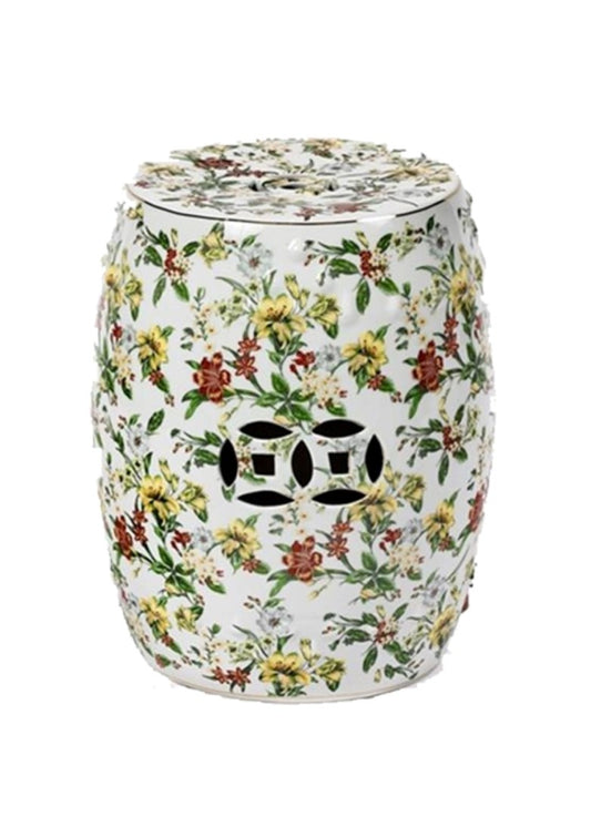 Multi Color Porcelain Floral Motif Garden Stool 18"