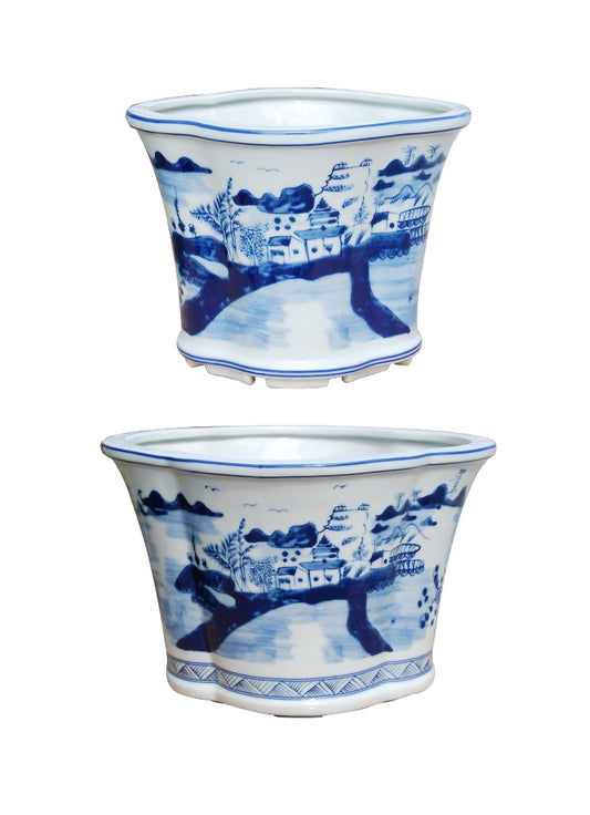 Blue and White Landcape Planters Set of 2