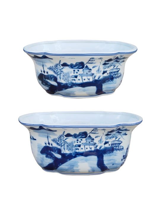 Landscape Blue and White Oval Shaped Planter Set