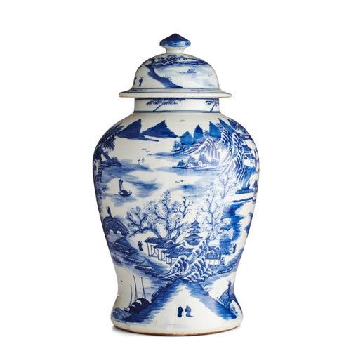 Blue And White Porcelain Temple Jar Mountain Village Scene